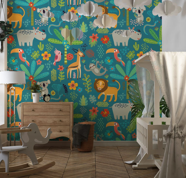 Tropical Animals Wallpaper, Green Background Mural, Oversized Custom Size Wall Art, Non-Woven, Non-Adhesive, Modern Wall Paper, Removable