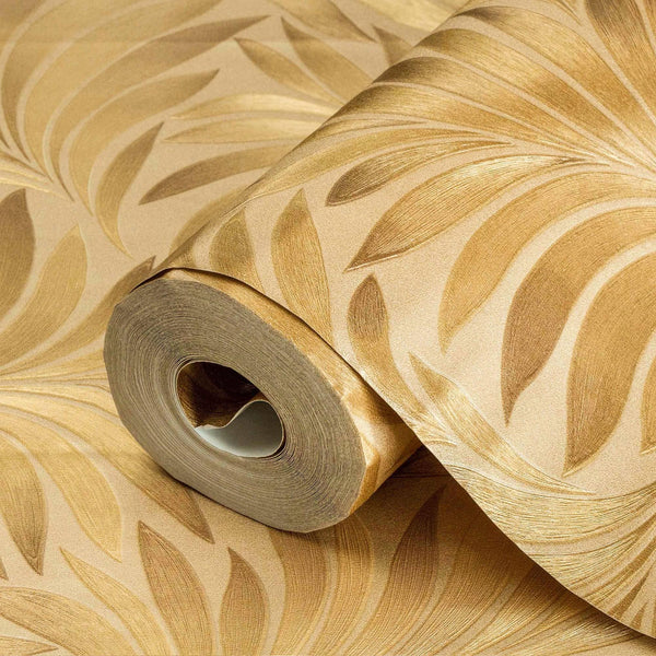 Gold Luxury Leaves Solid Color Shades Wallpaper, Deep Embossed Flocked Velvet Feeling Design - Walloro High End Wallcoverings & More