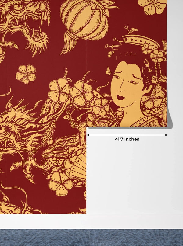 Golden Chinese Dragons and Woman Wallpaper, Seamless Pattern Mural, Oversized Custom Size Wall Art, Non - Woven, Non - Adhesive, Modern Wall Paper, Removable - Adawall Wallpaper - Registered Trade Accounts Only, Wallpaper Wholesale Account - W78106 - Adawall Wholesale - Wallpaper Wholesaler