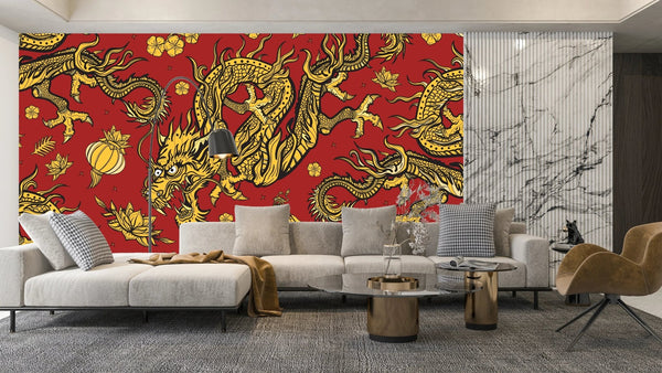 Golden Chinese Dragons Wallpaper, Seamless Pattern Mural, Oversized Custom Size Wall Art, Non - Woven, Non - Adhesive, Modern Wall Paper, Removable - Adawall Wallpaper - Registered Trade Accounts Only, Wallpaper Wholesale Account - W78105 - Adawall Wholesale - Wallpaper Wholesaler
