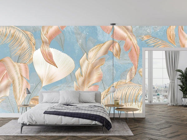 Golden Palms Wallpaper, Blue Background Mural, Oversized Custom Size Wall Art, Non - Woven, Non - Adhesive, Modern Wall Paper, Removable - Adawall Wallpaper - Registered Trade Accounts Only, Wallpaper Wholesale Account - W77851 - Adawall Wholesale - Wallpaper Wholesaler