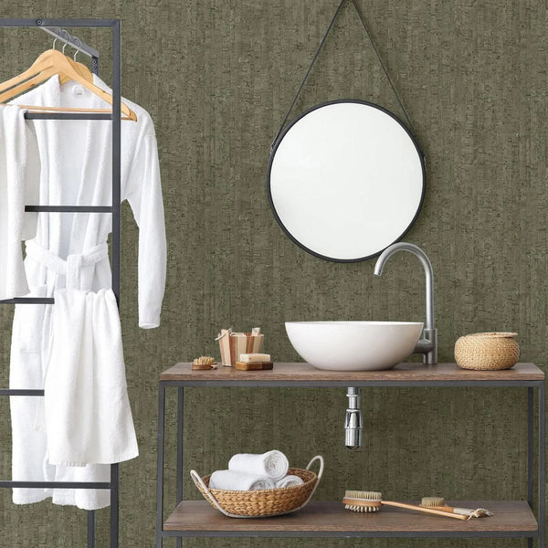 Green Cork Textured Wallpaper, Wood Tree Bark Grain Design Stylish Realistic Wallcovering - Walloro High End Wallcoverings & More