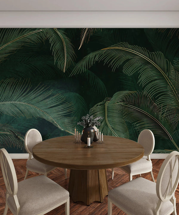 Green Exotic Palm Leaves Wallpaper, Dark Luxury Art Background Mural, Oversized Custom Size Wall Art, Non - Woven, Non - Adhesive, Modern Wall Paper, Removable - Adawall Wallpaper - Registered Trade Accounts Only, Wallpaper Wholesale Account - W77513 - Adawall Wholesale - Wallpaper Wholesaler