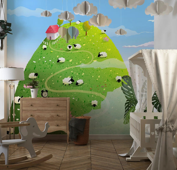 Green Hill Wallpaper, Sheep Mural, Oversized Custom Size Wall Art, Non - Woven, Non - Adhesive, Modern Wall Paper, Removable - Adawall Wallpaper - Registered Trade Accounts Only, Wallpaper Wholesale Account - W78132 - Adawall Wholesale - Wallpaper Wholesaler
