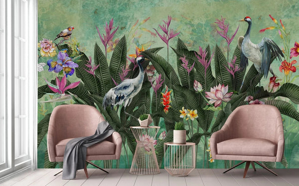 Green Jungle Birds Wallpaper, Nature Forest Tropical Theme Wall Mural, Extra Large Customizable, Non - Adhesive, Removable Wall Paper, Leaves Flower - Adawall Wallpaper - Registered Trade Accounts Only, Wallpaper Wholesale Account - A314-1 - Adawall Wholesale - Wallpaper Wholesaler