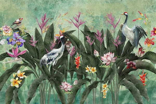 Green Jungle Birds Wallpaper, Nature Forest Tropical Theme Wall Mural, Extra Large Customizable, Non - Adhesive, Removable Wall Paper, Leaves Flower - Adawall Wallpaper - Registered Trade Accounts Only, Wallpaper Wholesale Account - A314-1 - Adawall Wholesale - Wallpaper Wholesaler