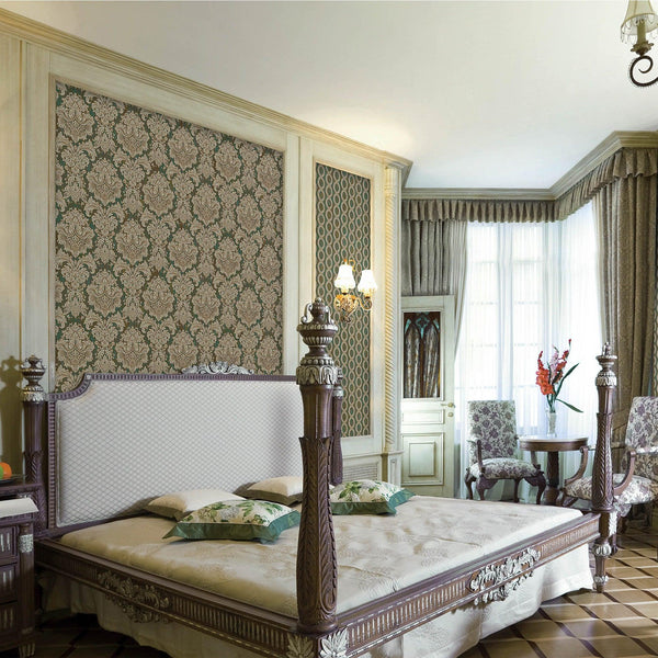 Green Rich Baroque Damask Wallpaper Deep Embossed Shimmering Vintage Design - Walloro High End Wallcoverings & More