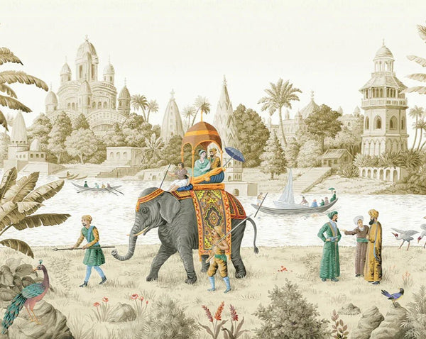 Indian Elephant Scene Wallpaper, Early Morning of India Historical Wall Mural, Beige Custom Size Wall Covering, Non - Woven, Non - Pasted, Removable - Adawall Wallpaper - Registered Trade Accounts Only, Wallpaper Wholesale Account - t_FJ309-1 - Adawall Wholesale - Wallpaper Wholesaler