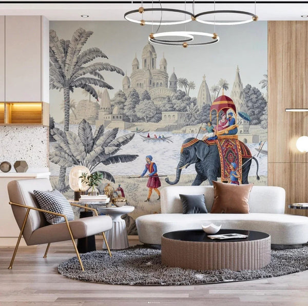 Indian Elephant Scene Wallpaper, Early Morning of India Historical Wall Mural, Blue Custom Size Wall Covering, Non - Woven, Non - Pasted, Removable - Adawall Wallpaper - Registered Trade Accounts Only, Wallpaper Wholesale Account - FJ309-3 - Adawall Wholesale - Wallpaper Wholesaler