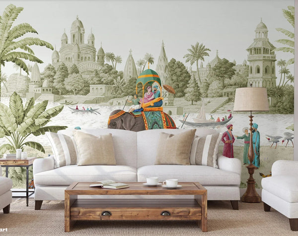 Indian Elephant Scene Wallpaper, Early Morning of India Historical Wall Mural, Green Custom Size Wall Covering, Non - Woven, Non - Pasted, Removable - Adawall Wallpaper - Registered Trade Accounts Only, Wallpaper Wholesale Account - t_FJ309-2 - Adawall Wholesale - Wallpaper Wholesaler