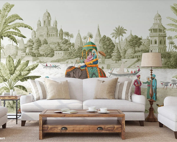 Indian Elephant Scene Wallpaper, Early Morning of India Historical Wall Mural, Green Custom Size Wall Covering, Non - Woven, Non - Pasted, Removable - Adawall Wallpaper - Registered Trade Accounts Only, Wallpaper Wholesale Account - t_FJ309-2 - Adawall Wholesale - Wallpaper Wholesaler