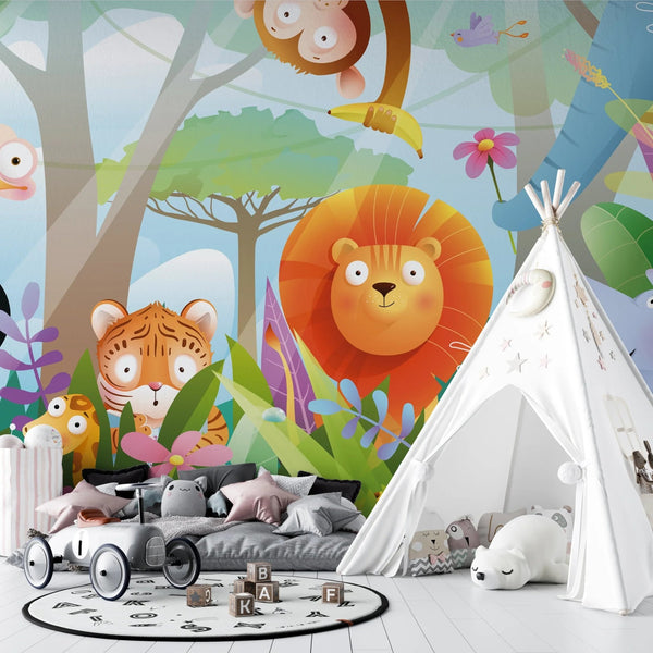 Kids Animals in Jungle Wallpaper, Wild Tropical Mural, Oversized Custom Size Wall Art, Non - Woven, Non - Adhesive, Modern Wall Paper, Removable - Adawall Wallpaper - Registered Trade Accounts Only, Wallpaper Wholesale Account - W77537 - Adawall Wholesale - Wallpaper Wholesaler