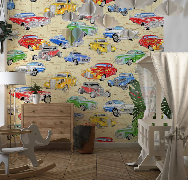 Kids Cars Wallpaper, Seamless Pattern Mural, Oversized Custom Size Wall Art, Non - Woven, Non - Adhesive, Modern Wall Paper, Removable - Adawall Wallpaper - Registered Trade Accounts Only, Wallpaper Wholesale Account - W77826 - Adawall Wholesale - Wallpaper Wholesaler