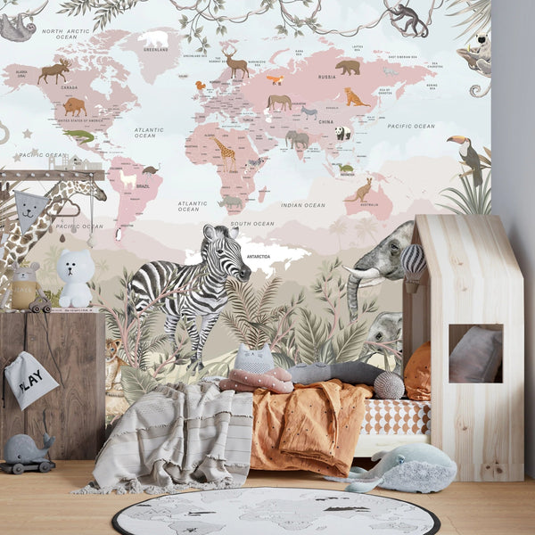 Kids World Map Wallpaper, Safari Animals Mural, Oversized Custom Size Wall Art, Non - Woven, Non - Adhesive, Modern Wall Paper, Removable - Adawall Wallpaper - Registered Trade Accounts Only, Wallpaper Wholesale Account - W78109 - Adawall Wholesale - Wallpaper Wholesaler