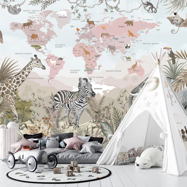 Kids World Map Wallpaper, Safari Animals Mural, Oversized Custom Size Wall Art, Non - Woven, Non - Adhesive, Modern Wall Paper, Removable - Adawall Wallpaper - Registered Trade Accounts Only, Wallpaper Wholesale Account - W78109 - Adawall Wholesale - Wallpaper Wholesaler