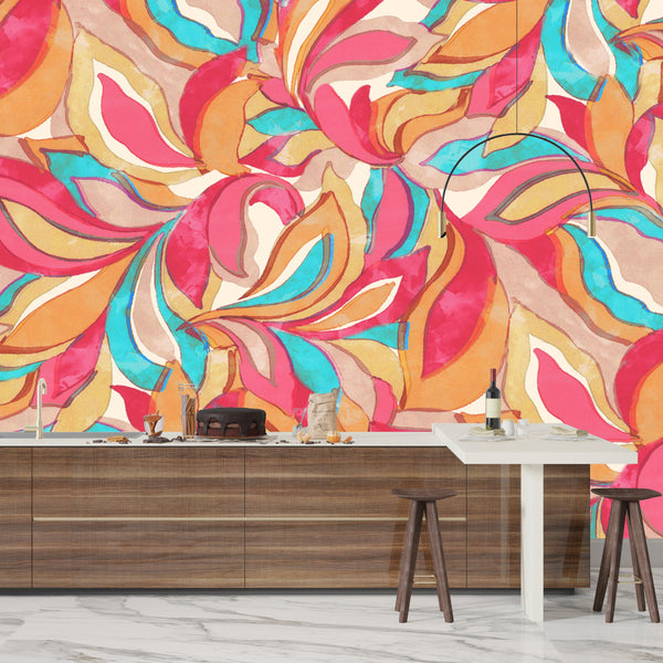 Elegant Floral Wallpaper, Seamless Pattern Mural, Oversized Custom Size Wall Art, Non-Woven, Non-Adhesive, Modern Wall Paper, Removable