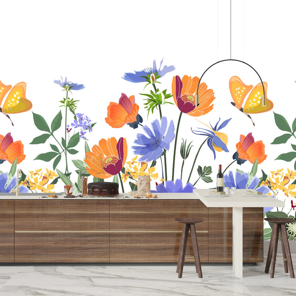Summer Flowers Wallpaper, Seamless Pattern Mural, Oversized Custom Size Wall Art, Non-Woven, Non-Adhesive, Modern Wall Paper, Removable