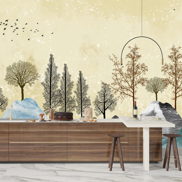 Golden Trees Wallpaper, Abstract Landscape Mural, Oversized Custom Size Wall Art, Non-Woven, Non-Adhesive, Modern Wall Paper, Removable