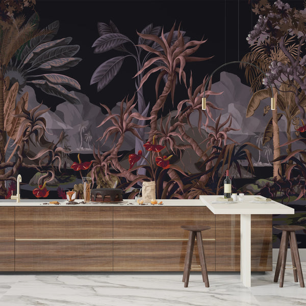 Dark Jungle Landscape Wallpaper, Tropical Trees Wall Mural, Oversized Custom Size Wall Art, Non-Woven, Non-Adhesive, Modern Wall Paper, Removable