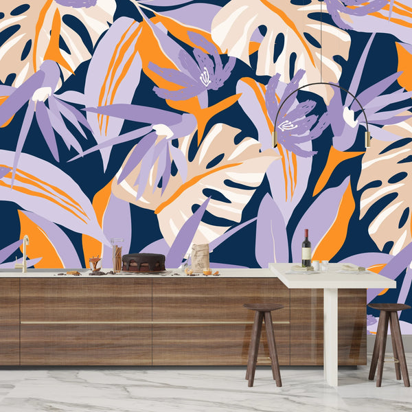 Wild Bright Tropical Wallpaper, Seamless Pattern Mural, Oversized Custom Size Wall Art, Non-Woven, Non-Adhesive, Modern Wall Paper, Removable