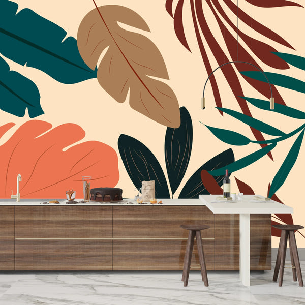 Natural Plants Wallpaper, Beige Background Mural, Oversized Custom Size Wall Art, Non-Woven, Non-Adhesive, Modern Wall Paper, Removable