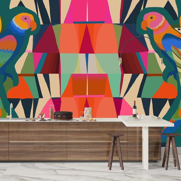 Exotic Botanical Geometric Wallpaper, Seamless Pattern Mural, Oversized Custom Size Wall Art, Non-Woven, Non-Adhesive, Modern Wall Paper, Removable