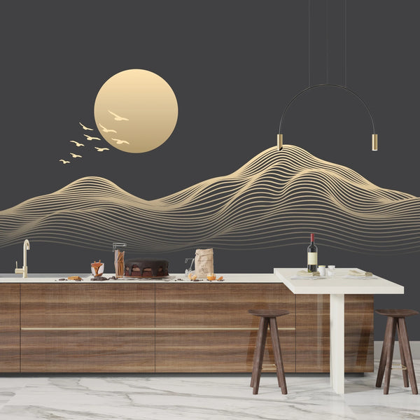 Abstract Gold Landscape Wallpaper, Mountain and Birds, Black Background Mural, Oversized Custom Size Wall Art, Non-Woven, Non-Adhesive, Modern Wall Paper, Removable
