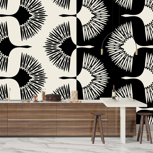 Art Deco Crane Wallpaper, Seamless Pattern Mural, Oversized Custom Size Wall Art, Non-Woven, Non-Adhesive, Modern Wall Paper, Removable