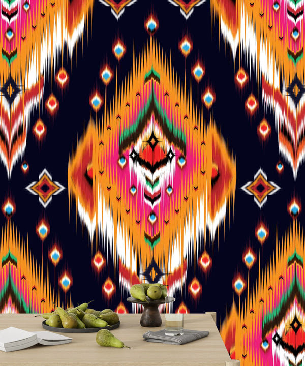 Ikat Ethnic Wallpaper, Abstract Mural, Oversized Custom Size Wall Art, Non-Woven, Non-Adhesive, Modern Wall Paper, Removable
