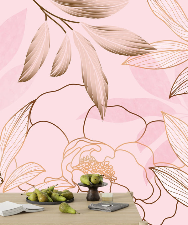 Luxury Golden, Pink Wallpaper, Tropical Flower Mural, Oversized Custom Size Wall Art, Non-Woven, Non-Adhesive, Modern Wall Paper, Removable