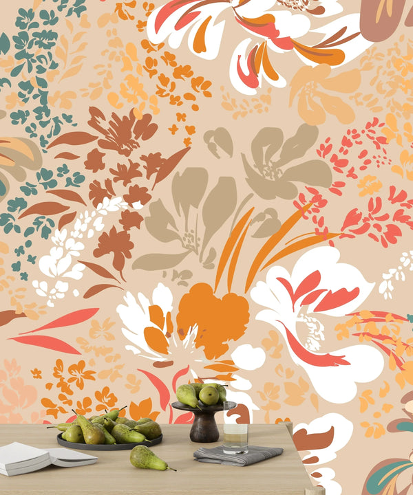 Floral Brown and Green Wallpaper, Seamless Pattern Mural, Oversized Custom Size Wall Art, Non-Woven, Non-Adhesive, Modern Wall Paper, Removable