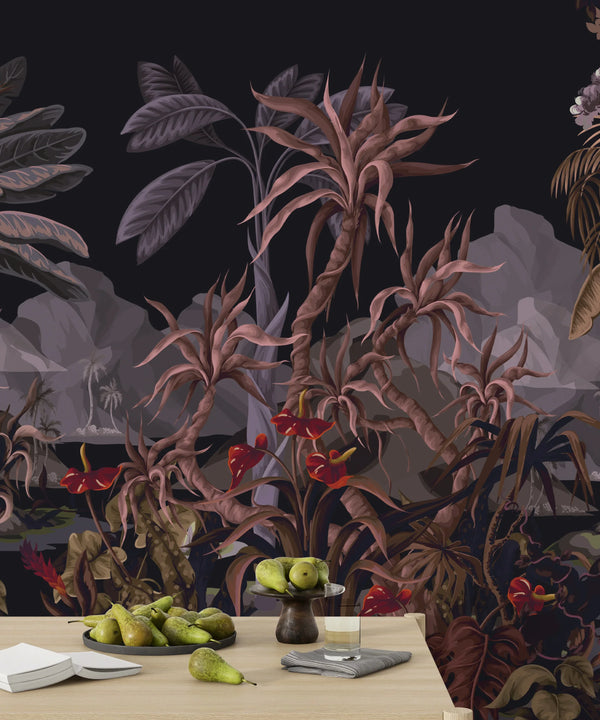 Dark Jungle Landscape Wallpaper, Tropical Trees Wall Mural, Oversized Custom Size Wall Art, Non-Woven, Non-Adhesive, Modern Wall Paper, Removable