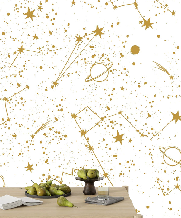 Golden Constellation Wallpaper, White Background Mural, Oversized Custom Size Wall Art, Non-Woven, Non-Adhesive, Modern Wall Paper, Removable
