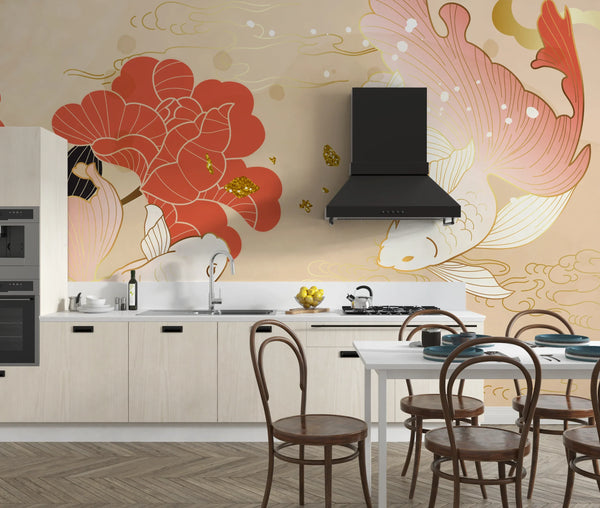 Chinese Goldfish Wallpaper, Luxury Gold Style Mural, Oversized Custom Size Wall Art, Non-Woven, Non-Adhesive, Modern Wall Paper, Removable