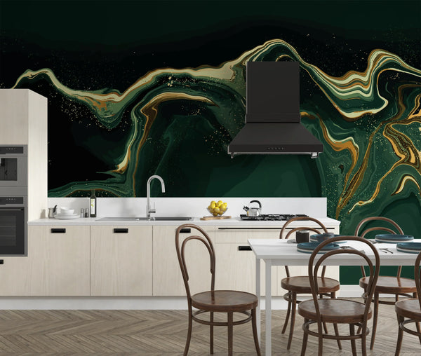 Dark Emerald Green Marble Wallpaper, Gold Abstract Mural, Oversized Custom Size Wall Art, Non-Woven, Non-Adhesive, Modern Wall Paper, Removable