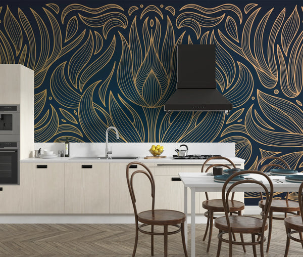 Art Deco Wallpaper, Wavy Flower Mural, Oversized Custom Size Wall Art, Non-Woven, Non-Adhesive, Modern Wall Paper, Removable
