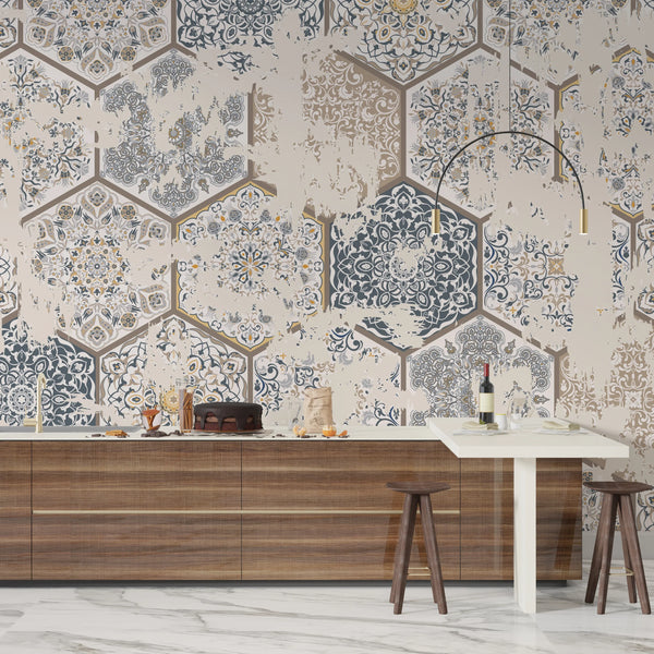 Vintage Tile Wallpaper, Hexagon Pattern Mural, Oversized Custom Size Wall Art, Non-Woven, Non-Adhesive, Modern Wall Paper, Removable