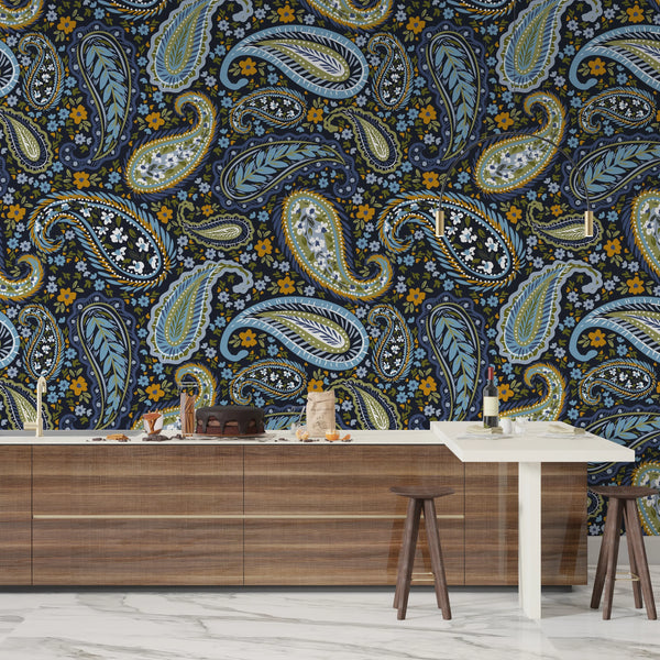 Indian Floral Pattern Wallpaper, Dark Background Mural, Oversized Custom Size Wall Art, Non-Woven, Non-Adhesive, Modern Wall Paper, Removable