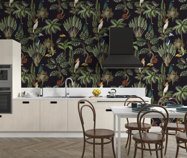 Exotic Plants and Birds Wallpaper, Forest Mural, Oversized Custom Size Wall Art, Non-Woven, Non-Adhesive, Modern Wall Paper, Removable