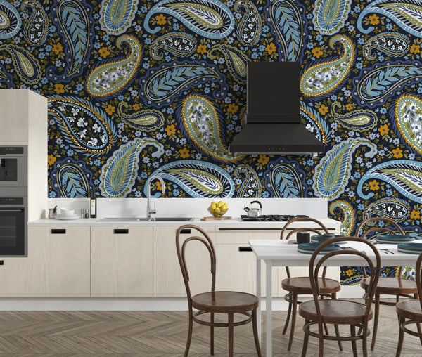 Indian Floral Pattern Wallpaper, Dark Background Mural, Oversized Custom Size Wall Art, Non-Woven, Non-Adhesive, Modern Wall Paper, Removable