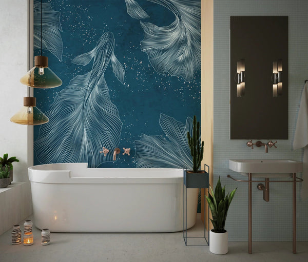 Koi Fish Wallpaper, Silver Line Style Wall Mural, Oversized Custom Size Wall Art, Non - Woven, Non - Adhesive, Modern Wall Paper, Removable - Adawall Wallpaper - Registered Trade Accounts Only, Wallpaper Wholesale Account - W77490 - Adawall Wholesale - Wallpaper Wholesaler