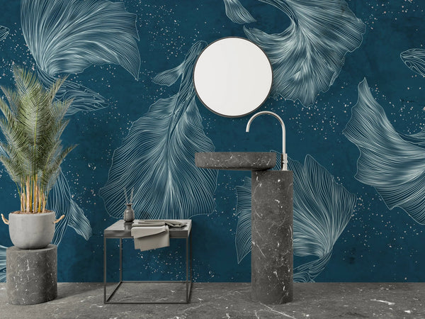 Koi Fish Wallpaper, Silver Line Style Wall Mural, Oversized Custom Size Wall Art, Non - Woven, Non - Adhesive, Modern Wall Paper, Removable - Adawall Wallpaper - Registered Trade Accounts Only, Wallpaper Wholesale Account - W77490 - Adawall Wholesale - Wallpaper Wholesaler