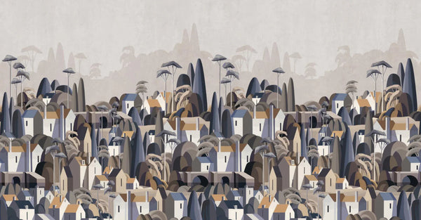 Landscape Wall Mural Houses Cityscape Stylish Wallpaper, Gray Oversized Custom Size Wall Covering, Non-Woven, Non-Adhesive, Modern Large Art - Walloro High End Wallcoverings & More
