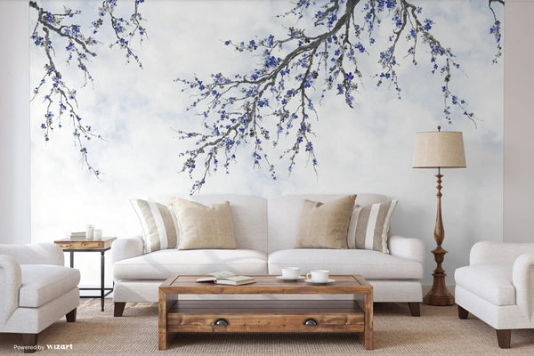 Large Blossom Tree Wallpaper, Blue Chinoiserie Nature Flowers Wall Mural, Custom Size Wall Covering, Non - Woven, Non - Pasted, Removable, Washable, Floral Art - Adawall Wallpaper - Registered Trade Accounts Only, Wallpaper Wholesale Account - FJ302-2 - Adawall Wholesale - Wallpaper Wholesaler