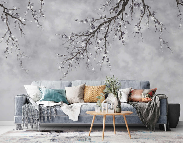 Large Blossom Tree Wallpaper, Gray Chinoiserie Nature Flowers Wall Mural, Custom Size Wall Covering, Non-Woven, Non-Pasted, Removable, Washable, Floral Art - Walloro High End Wallcoverings & More