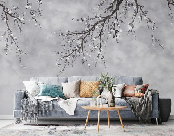 Large Blossom Tree Wallpaper, Gray Chinoiserie Nature Flowers Wall Mural, Custom Size Wall Covering, Non - Woven, Non - Pasted, Removable, Washable, Floral Art - Adawall Wallpaper - Registered Trade Accounts Only, Wallpaper Wholesale Account - FJ302-3 - Adawall Wholesale - Wallpaper Wholesaler