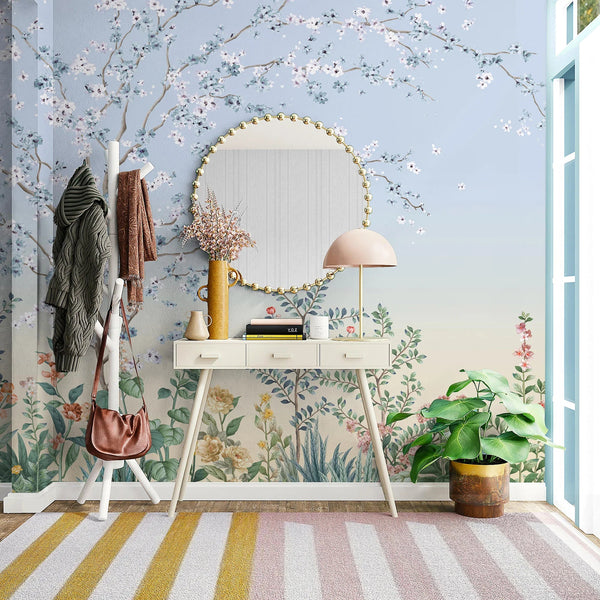 Large Chinoiserie Blossom Floral Wallpaper, Blue Ombre Flowers Birds Wall Mural, Custom Size Wall Covering, Non - Woven, Non - Pasted, Removable - Adawall Wallpaper - Registered Trade Accounts Only, Wallpaper Wholesale Account - FJ306-2 - Adawall Wholesale - Wallpaper Wholesaler
