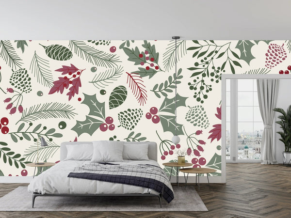 Leaves and Berries Wallpaper, Seamless Pattern Mural, Oversized Custom Size Wall Art, Non - Woven, Non - Adhesive, Modern Wall Paper, Removable - Adawall Wallpaper - Registered Trade Accounts Only, Wallpaper Wholesale Account - W78029 - Adawall Wholesale - Wallpaper Wholesaler