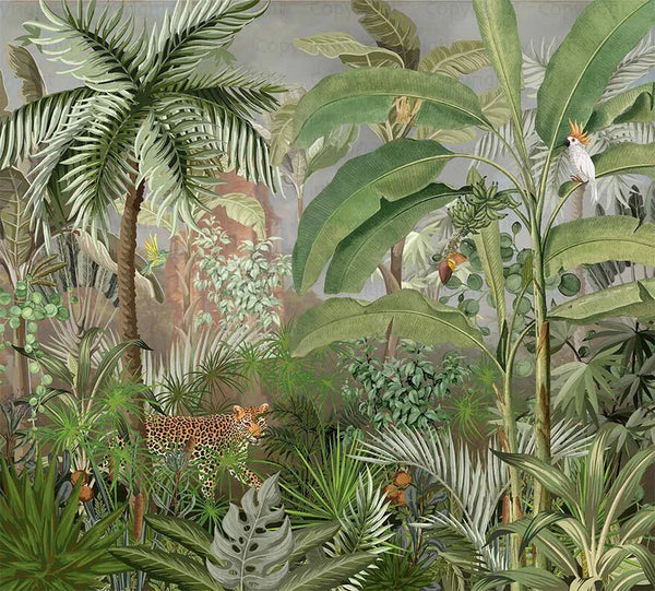 Leopard Jungle Wall Mural, Brown Tropical Parrot Wall Mural, Bedroom, Living Room, Non - Pasted, Extra Large Wall Print, Removable, Forest, Palm Trees - Adawall Wallpaper - Registered Trade Accounts Only, Wallpaper Wholesale Account - A309-3 - Adawall Wholesale - Wallpaper Wholesaler