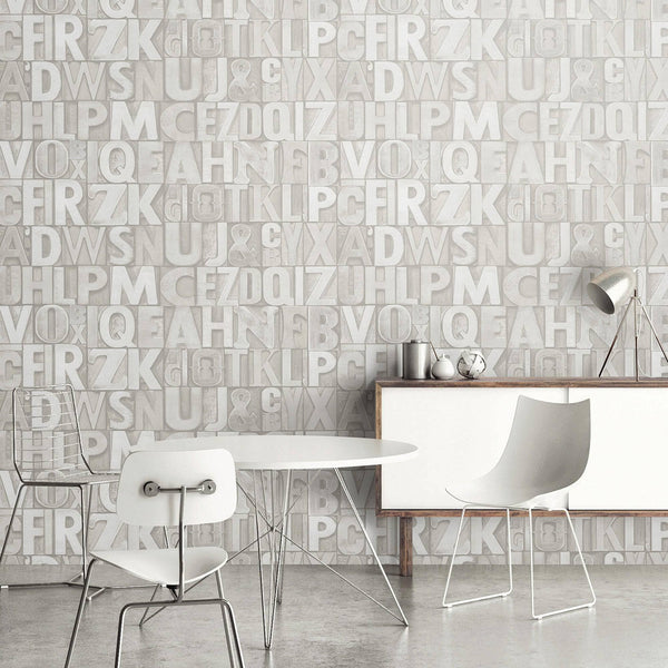 Letters Wallpaper, Rich Textured Wallcovering, Traditional, White Light Color, Extra Large 114 sq ft Roll, Washable, Alphabet Wallpaper - Walloro High End Wallcoverings & More